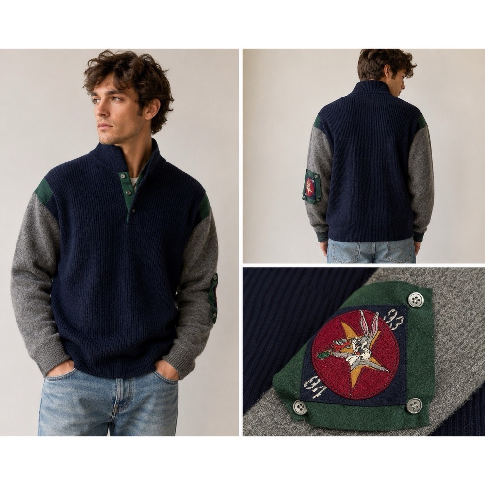 Vintage Iceberg Bugs Bunny Wool Sweater Italy M Color block Mock Neck 90's Men's